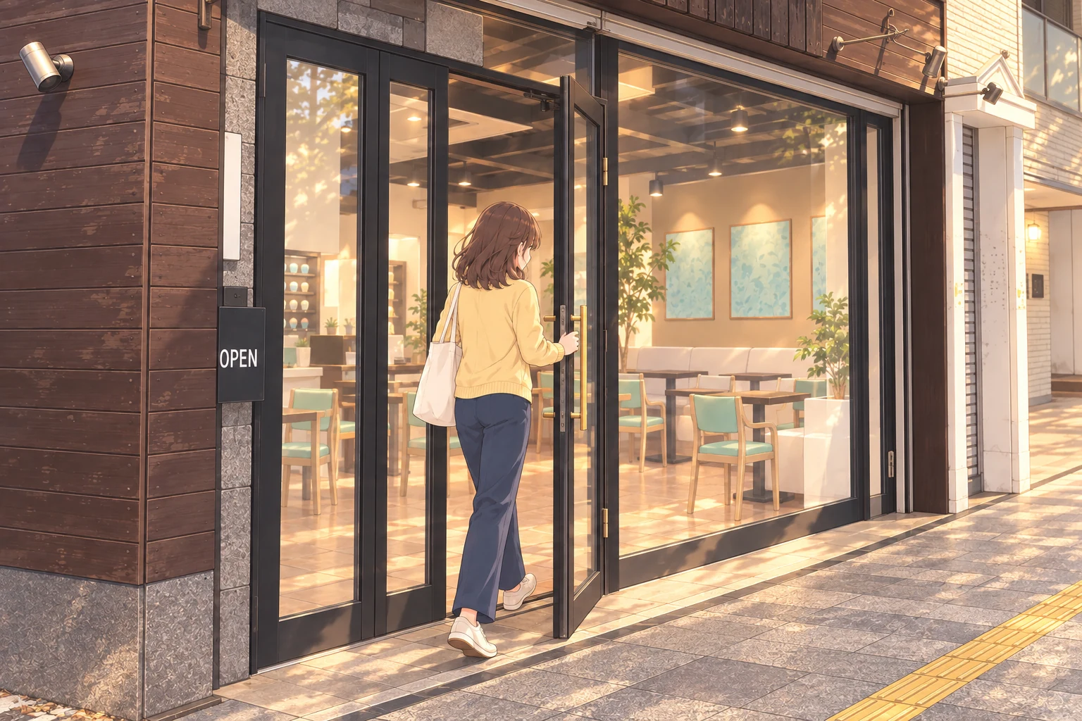 黒い枠のガラス扉を開けて入店するイラスト