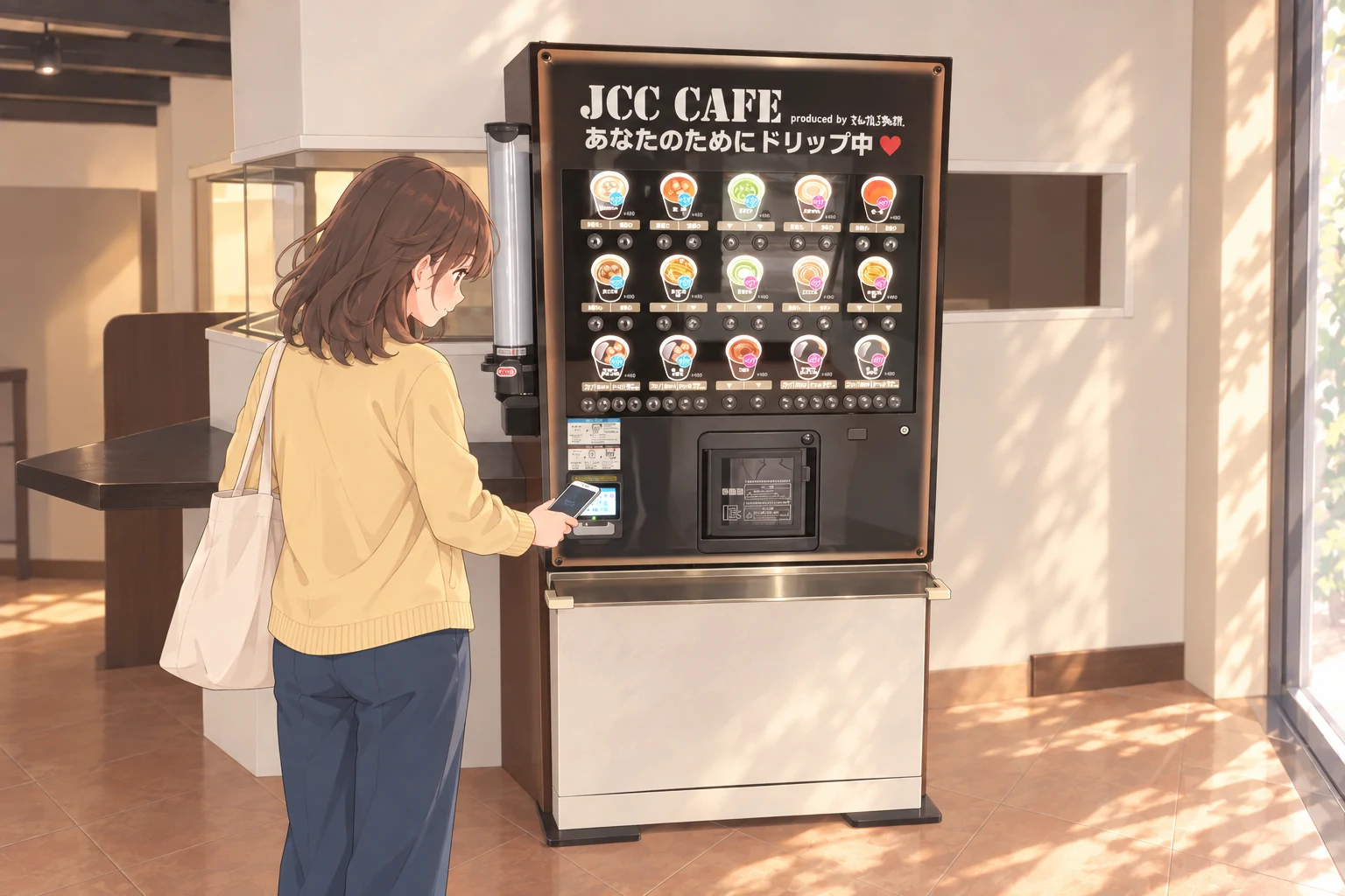 店内のカップ式自販機でキャッシュレス決済するイラスト