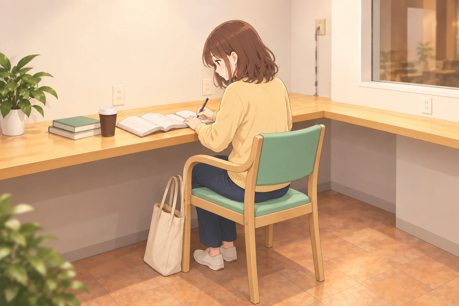 集中スペースの壁沿いカウンターに向かって座り、ノートで自習するイラスト
