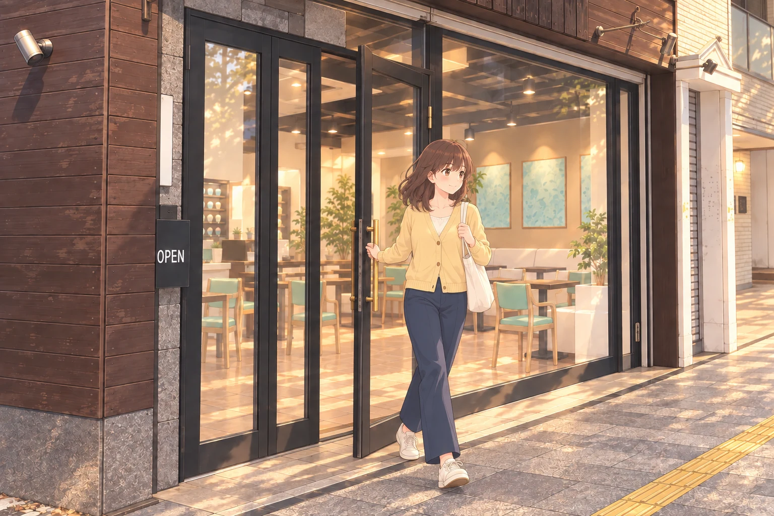店のガラス扉から気軽に外へ出るイラスト