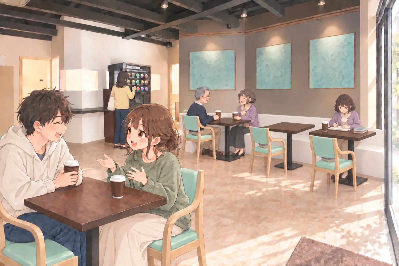 メインスペースで会話や一人での自習を楽しむ人たちと、自販機で注文する人のイメージイラスト