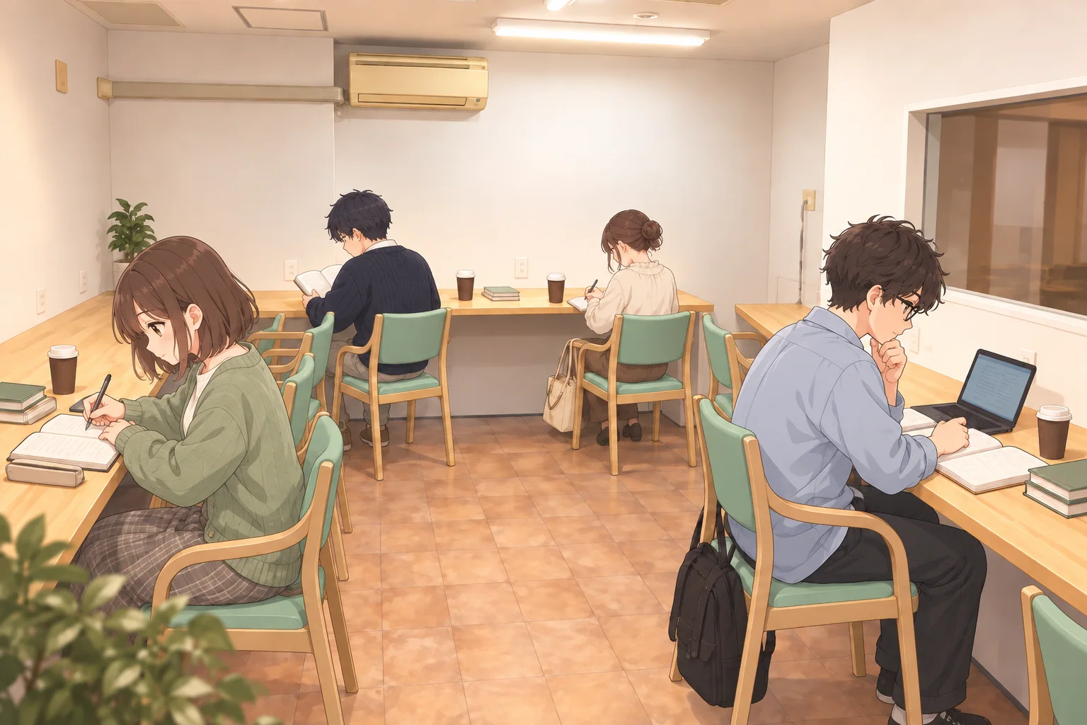 集中スペースのカウンター席で、4人がそれぞれ勉強や読書、PC作業に取り組むイメージイラスト