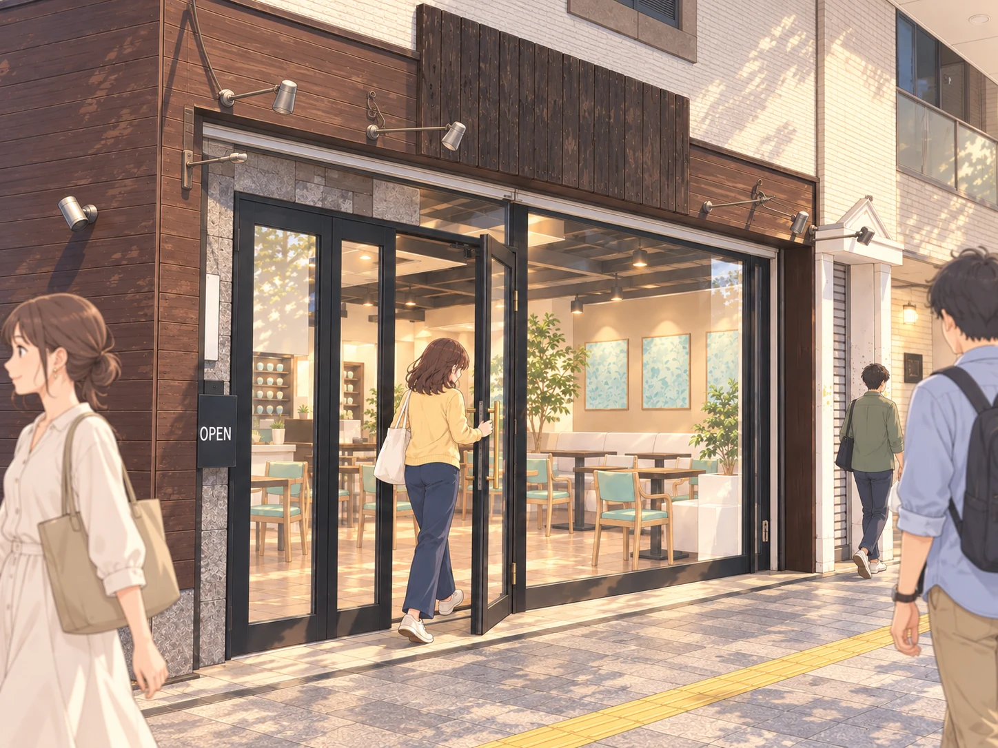昼のisaraの入口を中心に、通りを歩く人と入店する人を描いた外観イラスト
